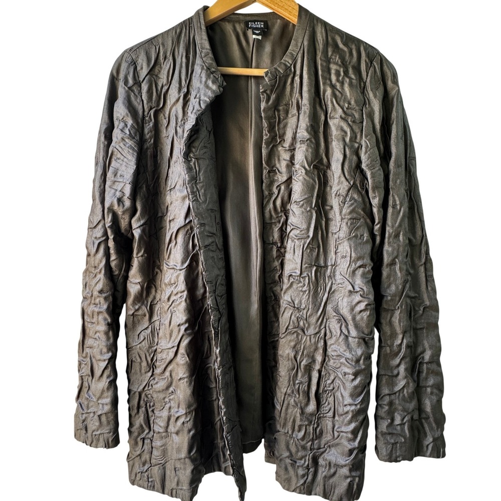 Eileen Fisher 100% Silk Open Front Crinkled Oversized Blazer Jacket Pockets Sz M